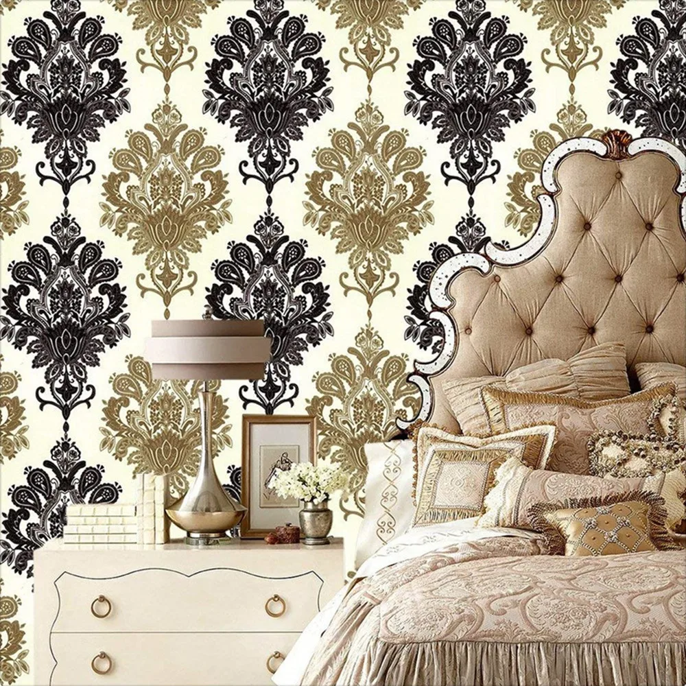 Black Damascus Wallpaper Self-adhesive Bedroom European Large Flower Luxury Atmosphere Living Room TV Background Wall Paper