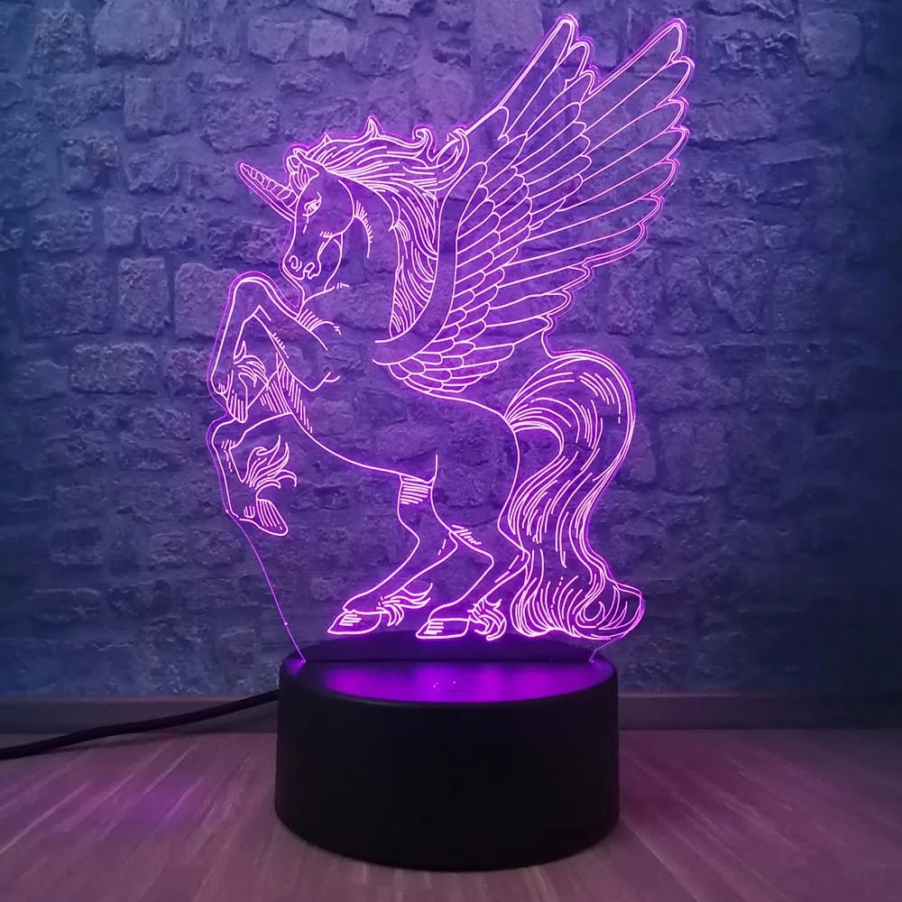 Black base 2 Удача Единорог 3D иллюзия Ночник декор светодиодный настольная лампа USB зарядка Рождественский подарок на день рождения для детей мальчиков и девочек детей - Испускаемый цвет: Black base 2