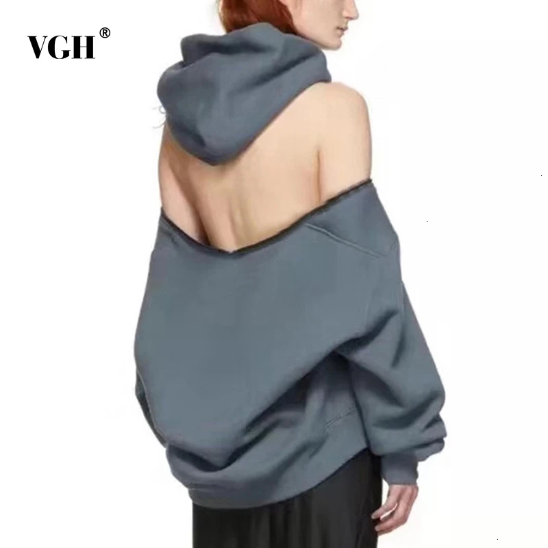 

VGH Casual Women's Sweatshirts Hooded Long Sleeve Backless Off Shoulder Sweatshirts Female Autumn Fashion Clothing 2020 New