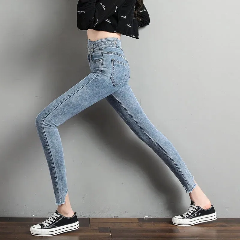 2021Women Summer New High-Waist Jean Female Slimtight-Fitting Nine-Point Pants All-Match Net Red Models Feet Jean Pencil PantA89