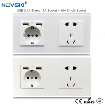 

NOVSKI Wall Socket for Smart Xiaomi Gateway, USB 2.1A Outlet Hidden LED 16A EU power socket 10A 5-hole GB Socket
