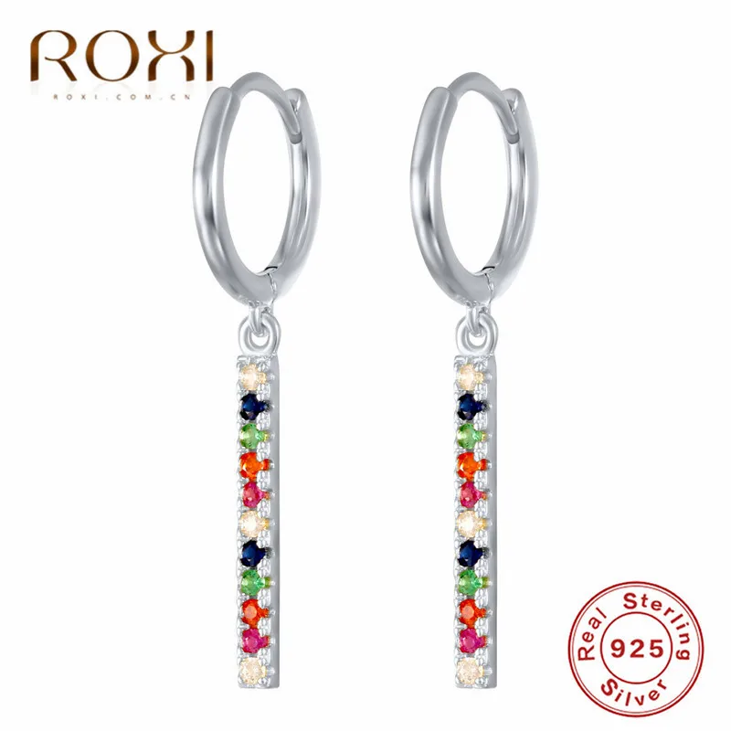ROXI, простой дизайн, 925 пробы, Серебряные длинные серьги, Золотая Радуга, CZ Huggie, ювелирные изделия для женщин, дешевые корейские сережки-шпильки, Brincos