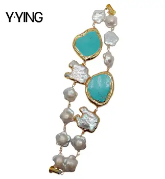 

Y·YING natural Cultured White Flower Keshi Pearl Blue howlite Slice Bracelet handmade vintage style for women
