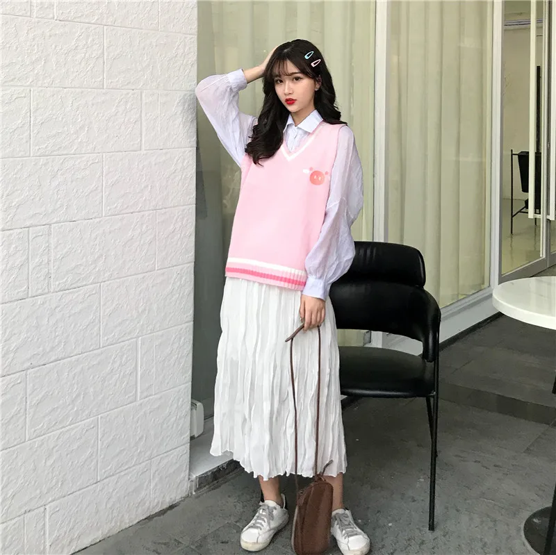 Ulzzang Свободный корейский стиль студентов вышитые мягкие девушки колледж жилет свитер вязаный жилет женщин