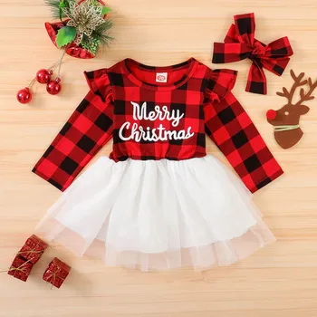 

Merry Christmas Toddler Baby Girl Winter Clothes Letter Plaid Print Tulle Dress Long Sleeve+Headband Outfits navidad bebes