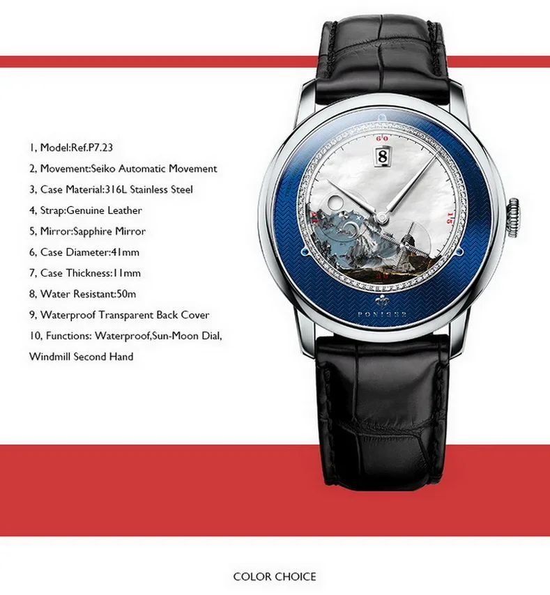 PONIGER Men Automatic Watch Top Luxury Brand Watches Dress Mechanical Wristwatch Sapphire Fashion Rotate Windmill Second Hand