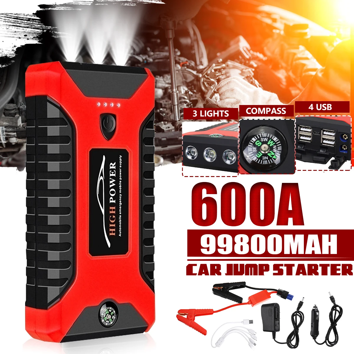99800mAh Auto Jump Starter Pack 600A Tragbare 4 USB Power Bank Auto