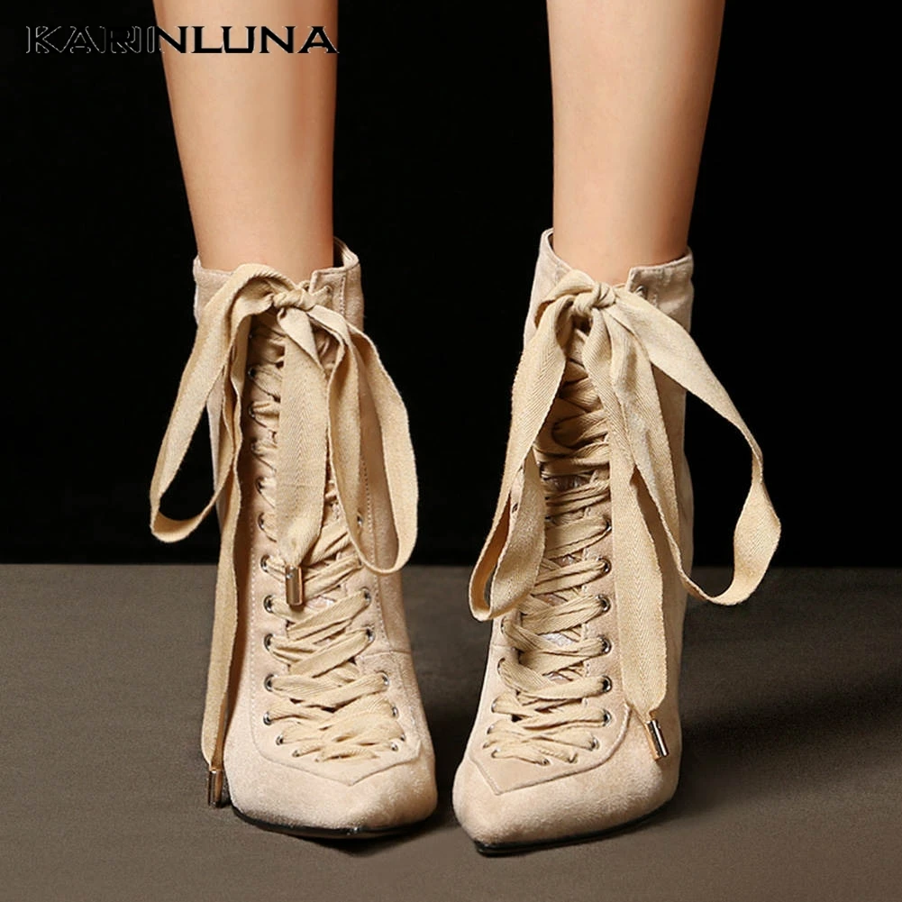 

Karinluna 2019 Big Size 43 Lace Up Sexy Fashion Woman Shoes Boots Thin High Heels Party Runway Show Women Ankle Boots Female