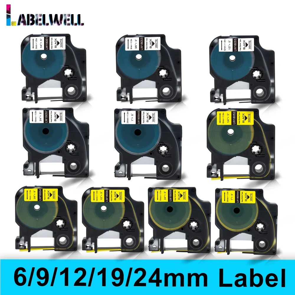 Labelwell-산업용 열 수축 튜브 6/9/12/19/24mm, 18051 18053 18055 18057 1805443, Dymo Rhino 4200 5000 5200 6000 용 교체