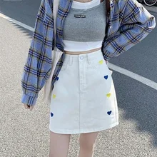 

2021 Summer Women Love Embroidered Denim Skirt Female Korean Thin Slim A-line High Waist Short Skirts Fashion Casual Streetwears