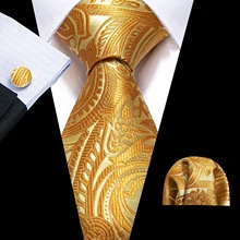 

New Gold Paisley Mens Wedding Tie 8.5cm Silk Neckties Business Handkerchief Cufflink Tie Men Gift Set Barry.Wang FA-5397