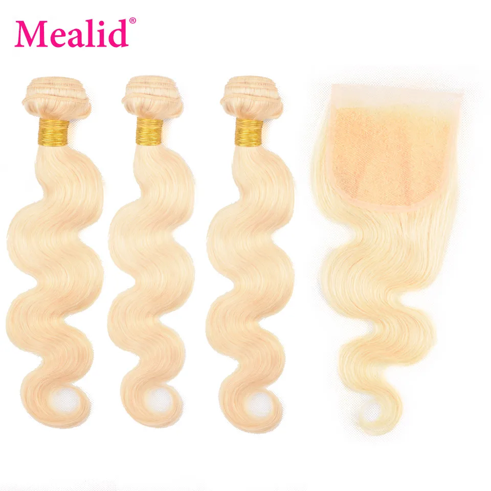 Mealid человеческие волосы плетение 3 4 пучка с закрытием Remy бразильские волнистые 613 светлые пучки с кружевом Закрытие бесплатная часть