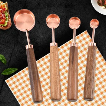 

4 pcs/ Set Rose Gold Measuring Cup Spoon with Scale with Thickened Wooden Handle Stainless Steel Copper Plated Baking Tool