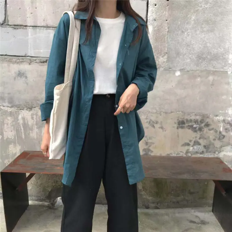 

Alien Kitty Hong Kong Style Autumn All-Match 2019 Casual BF Style Loose Solid Fashion Women Full-Length Students Green Shirts