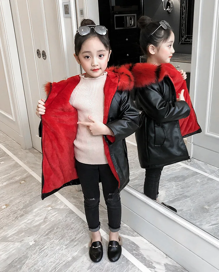 Пальто и куртки для девочек зимняя теплая куртка из искусственной кожи с капюшоном Модная парка из искусственного меха детская одежда хлопковая куртка, пальто