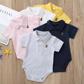 

2020 Summer Wild Baby Onesies Infants and Young Children Boys Candy Color Bear Embroidery Short Sleeve Lapel Triangular Rompers