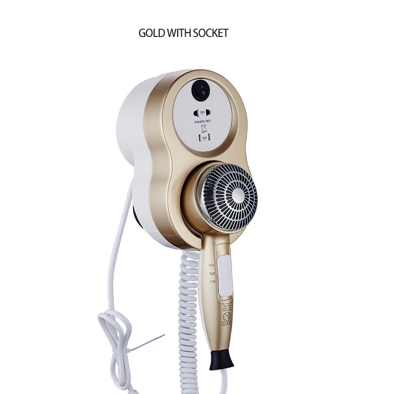 Gold with socket TSMOUNTAIN Hot and cold wind air blowers hotels 1600W hair drier for household and bathroom wall mounted hair dryer - Цвет: Gold with socket