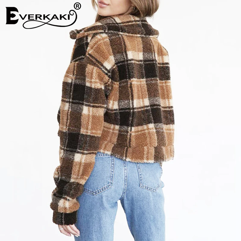 Everkaki/пальто из овечьей шерсти в клетку, куртки для женщин, зимние, Boho, толстые карманы, винтажные, на молнии, повседневные куртки, пальто, женские,, зимние, новые
