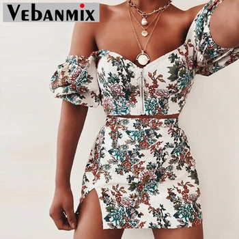 

Women Floral Print Puffed Sleeve Two Pieces High Waist Mini Dress Sexy Low Cut Casual Summer Two Piece Outfits