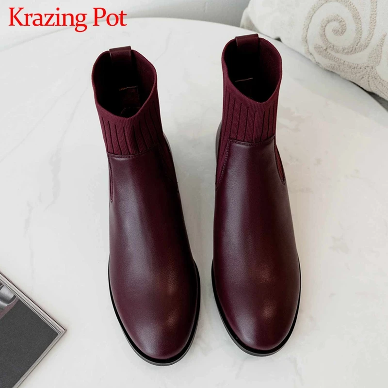 

Krazing Pot genuine leather vintage knitting socks boots round toe low heels slip on campus winter women warm ankle boots L95