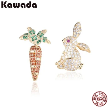 

Kawada 925 Sterling Silver Cute Animal Bunny Rabbit Carrot Stud Earrings for Women AAA Zircon Asymmetry Creative Carton Jewelry