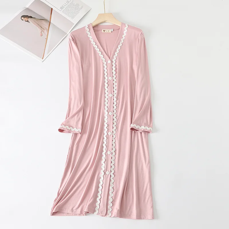 Langarm V-ausschnitt Modale Baumwolle Nachtwäsche Süße Spitze Nacht Kleid Casual Lose Nachthemden Für Frauen Frühling Herbst Hause Kleidung – Detail 6
