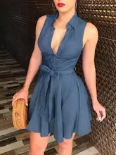 

Women Belted Party A-Line Dresses Elegant Ladies Clothes Sexy Deep V Neck Sleeveless Dress Summer Blue Denim Short Mini Dress