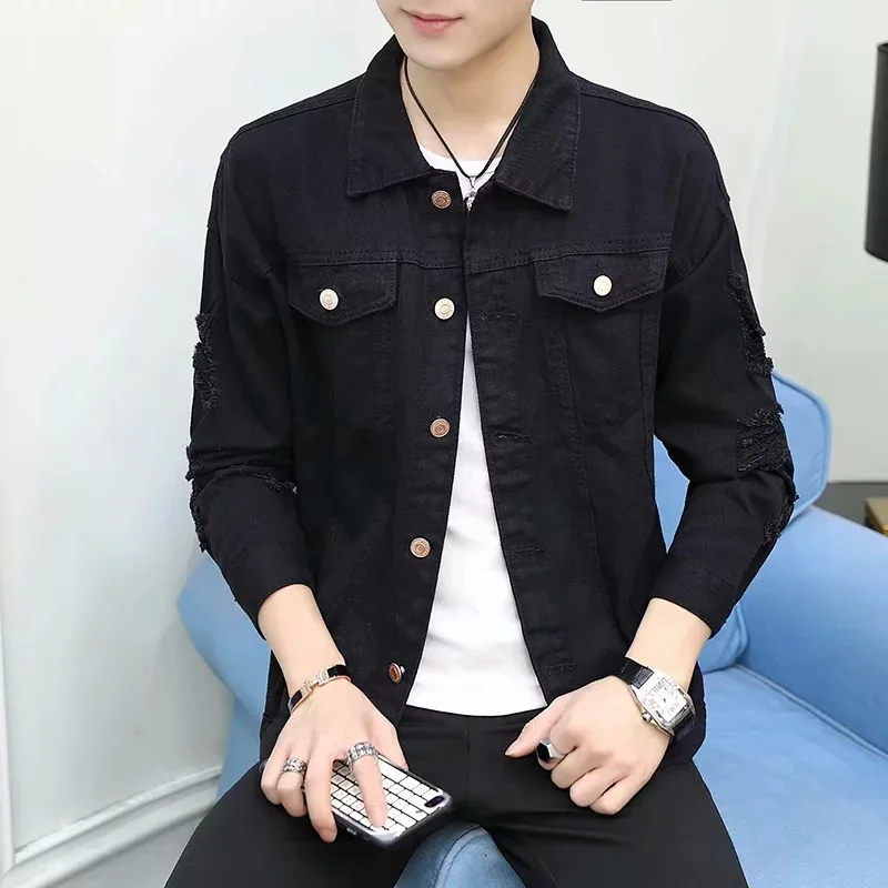 

Men Jacket Casual Loose-Fit Jeans Coat Young MEN'S Trend Washing Retro Fold-down Collar Long Sleeve on Clothes Korean-style