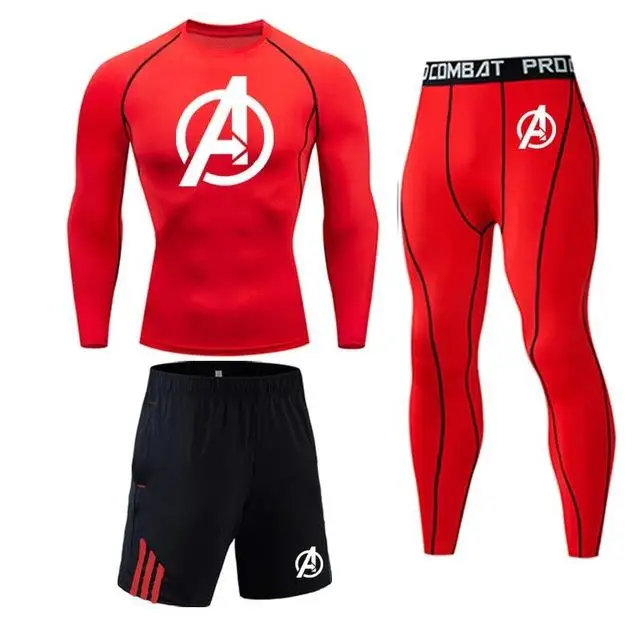 Высококачественный мужской костюм для фитнеса с логотипом Мстителей, компрессионная быстросохнущая Зимняя Теплая мужская спортивная одежда - Цвет: 3-piece set