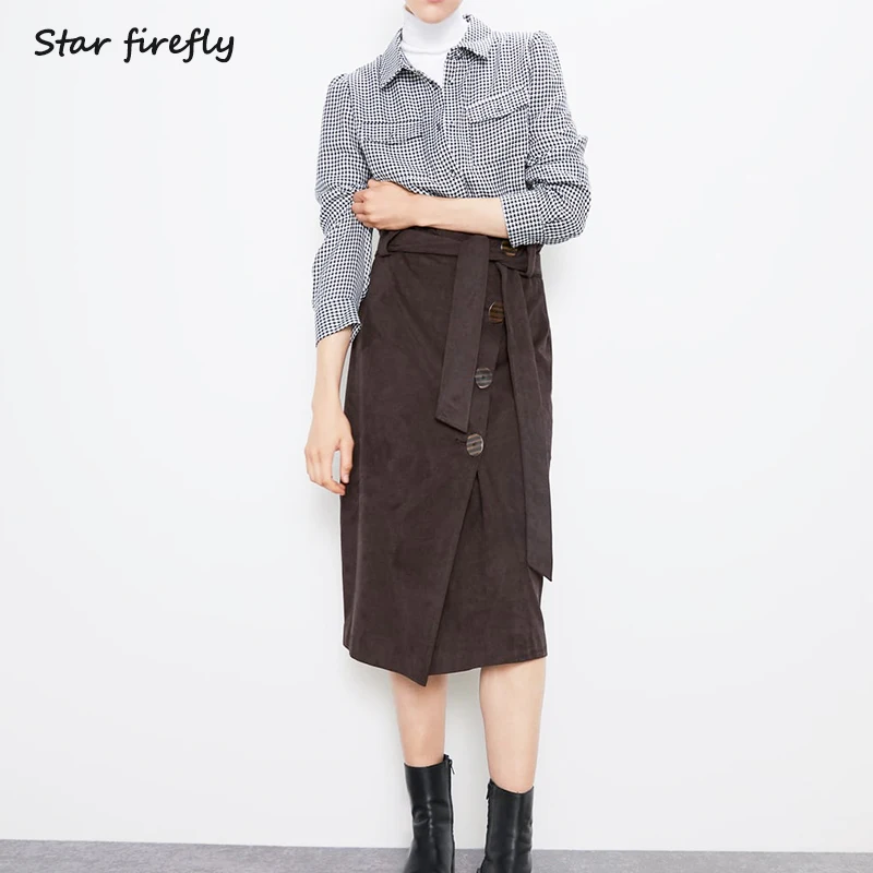 Star firefly элегантная Офисная Женская юбка,, повседневная, тонкая, высокая талия, однобортная, замша, текстура, галстук-бабочка, юбка для женщин