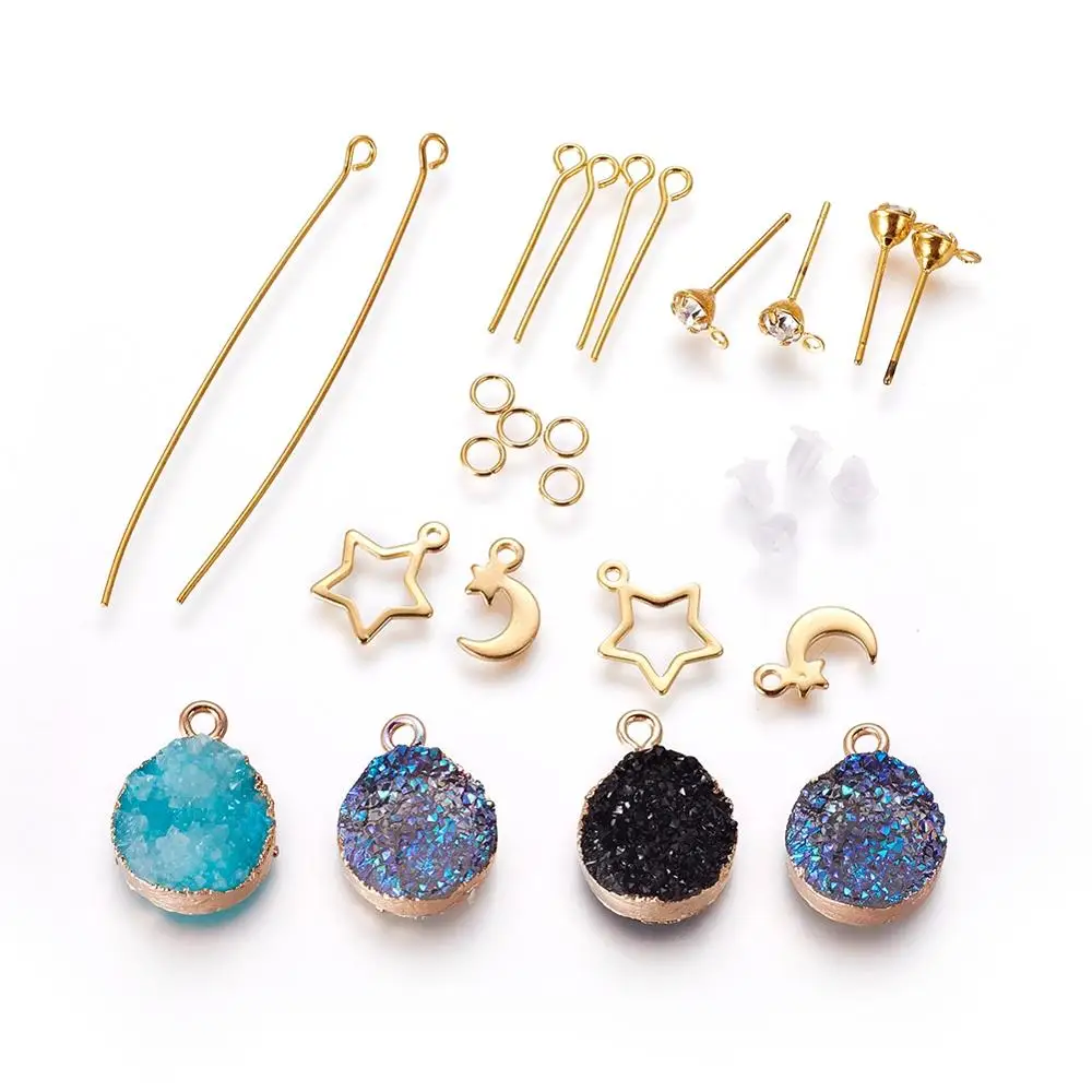 

1box DIY Earring Making Sets Kits With Electroplate Druzy Resin Pendants 304 Stainless Steel Charms and Brass Earring Findings