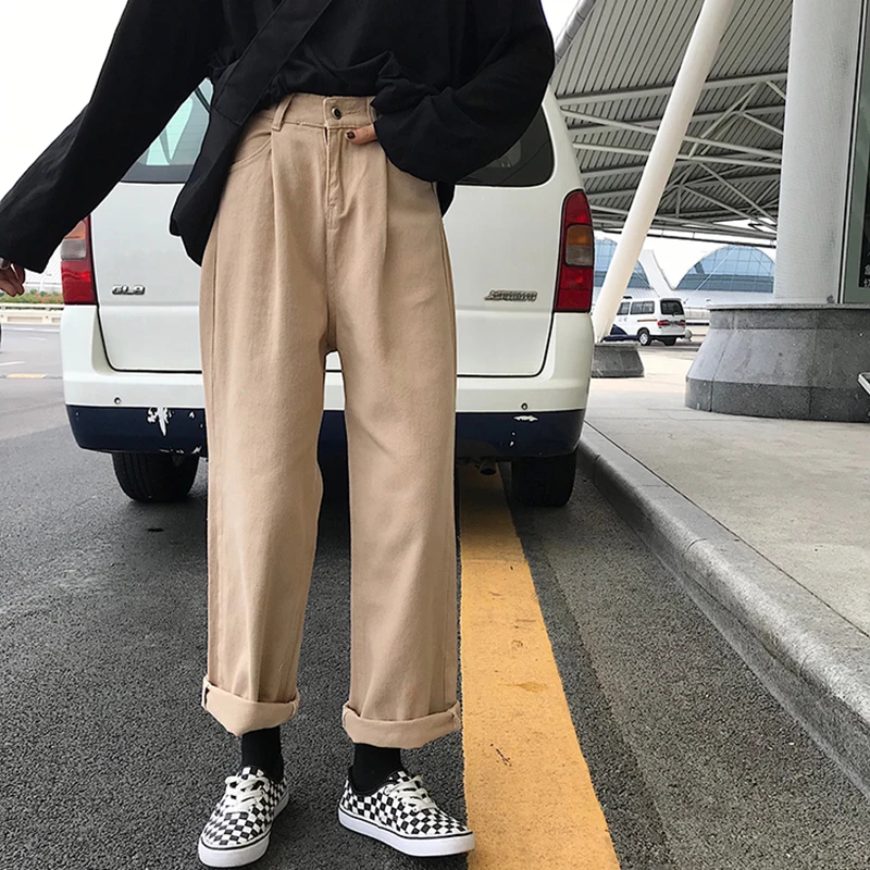 Женские джинсы, уличная одежда Harajuku Ulzzang, корейский стиль, свободные, с высокой талией, женские, тонкие, студенческие, прямые, женские брюки, шикарные, повседневные