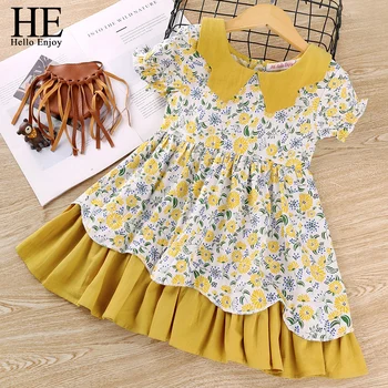 

HE Hello Enjoy Girls Dresses 2020 Summer Kids Clothes Casual Short Sleeve Printed Flowers Floral Print Dress Infantil Clothing