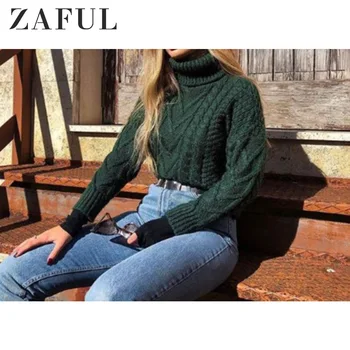 

ZAFUL Chunky Knit Turtleneck Sweater Women Loose Pullover Sweater 2019 Winter Plain Zigzag Hem Type Sweater Casual Thick Sweater