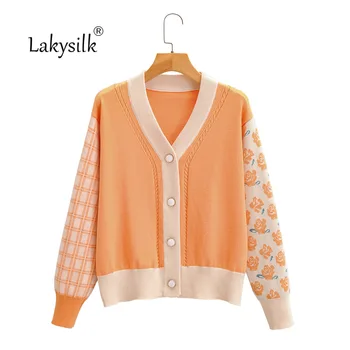 

2020 New Women Patchwork Sweater Autumn Winter Sexy V-Neck Floral Plaid Cardigan Ladies High Quality Knitted Sweaters Coats
