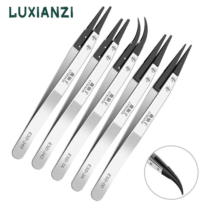 

LUXIANZI 3Pcs AntiStatic Tweezers For Soldering Repair Hand Tools Stainless Steel Forceps With Plastic Tips Electrician Tweezers