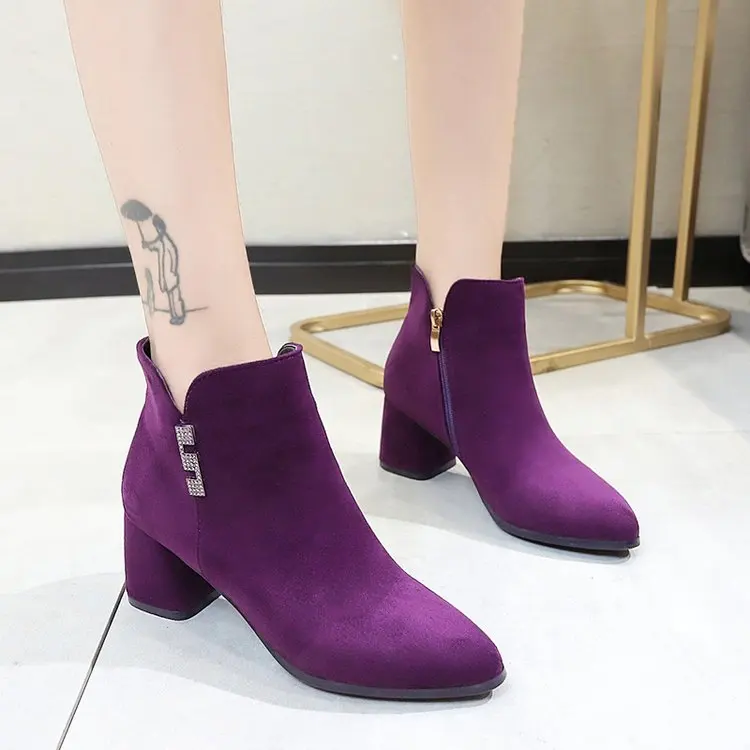 

Purple Black Flock Thick Heel Ankle Boots Women 2019 Pointed Toe High Heel Short Boots Ladies Winter Shoes Botas Mujer Invierno