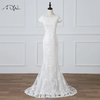 

ADLN Real Photos Jewel Mermaid Wedding Dress Lace Bridal Gown with Short Sleeves Vestido de Novia Custom Made Bride Dress