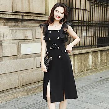 

Women Summer High Fashion Sexy Slash Neck Double Breasted Sleeveless Tank Dress Female Cute Split Personality Dresses Omighty