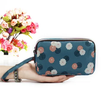 

Three Layers Women Wallet with Wrist Belt Zipper Purse Cute Cartoon Cat Floral Money Bag Lady Clutch
