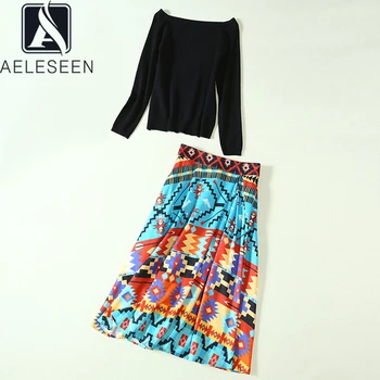 

AELESEEN 2020 New High Street Design Twinset Good Quality Knitting Elegant Flash Neck Sweater + A-Line Print Mid-Calf Skirt Suit
