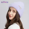 ENJOYFUR Women Winter Warm Knit Hats Real Angora Wool Female Caps Fashion Cuffed Casual Rhinestone Brand Ski Skull Beanies New 1