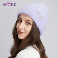 ENJOYFUR Women Winter Warm Knit Hats Real Angora Wool Female Caps Fashion Cuffed Casual Rhinestone Brand Ski Skull Beanies New 1