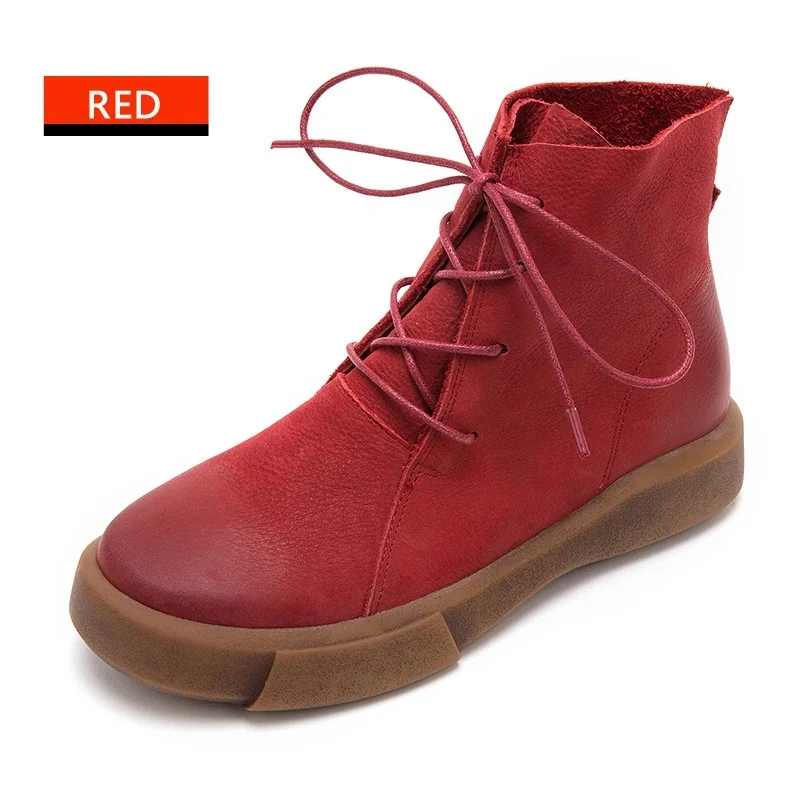 Женские ботинки; Ботинки martin из натуральной кожи; ботинки на плоской платформе; сезон осень-зима; модные кожаные ботинки на меху с круглым носком; женская обувь - Цвет: RED