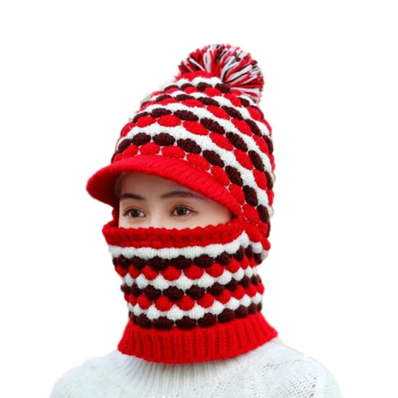 

New Warm Winter Hat For Women Female Fur Lined Soft Beanie Neck Warmer Scarf Thick Lattice Color Knitted Hat Fashion Pompom Hat