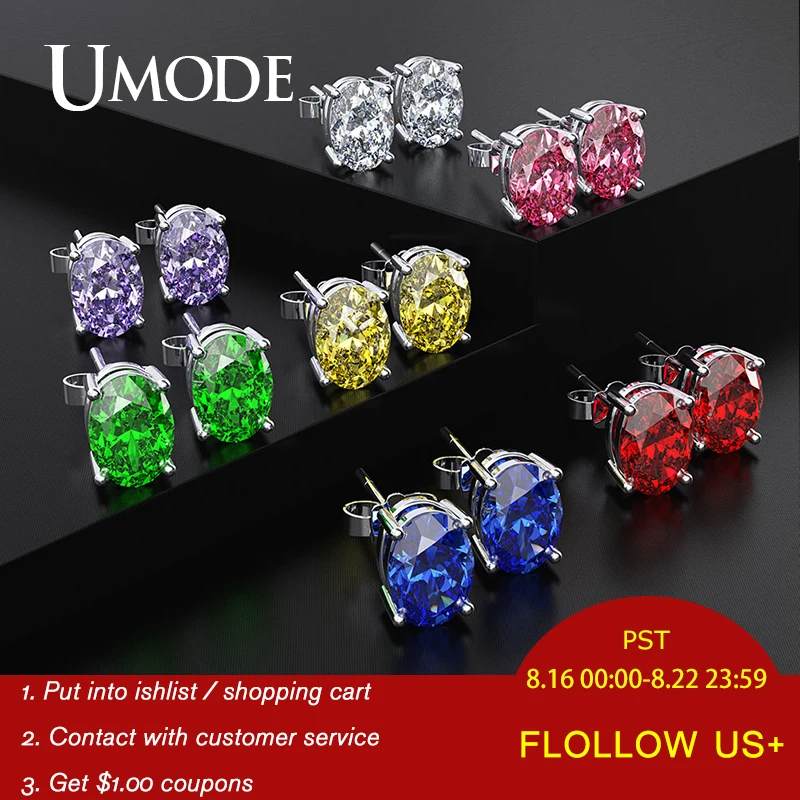 

UMODE 7 Colors Oval Stud Earrings Korean Women Cubic Zirconia Crystal Earrings Luxury Designer Jewelry Gifts for Women UE0595