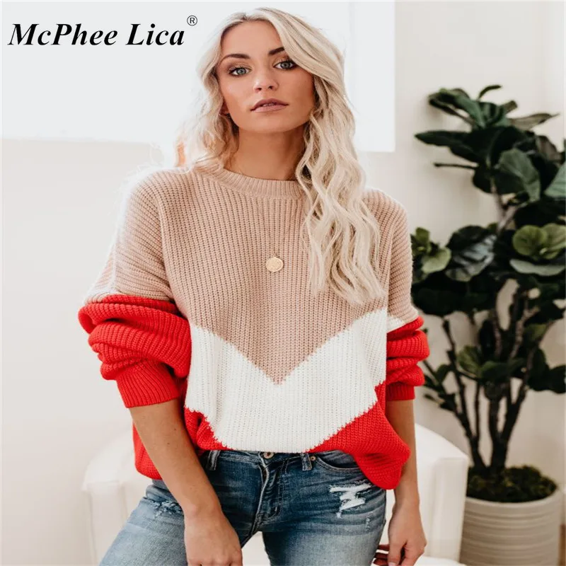 Мода 2019 новый осенний женский свитер вязанный длинный рукав Круглый ворот топы