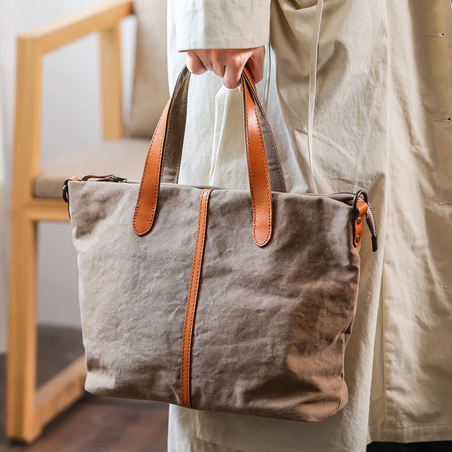 Large Caramel Waxed Canvas Tote Bag Multipurpose Durable Shopping Bag