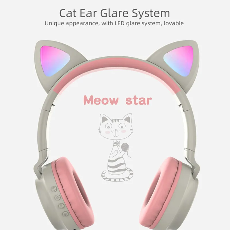 Kids Bluetooth 5 0 Cat Ear Headphones Foldable On Ear Stereo Wireless Headset with LED Light Pink 