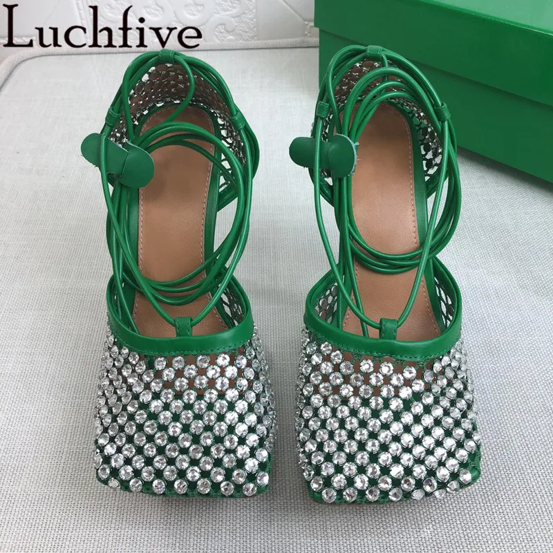 

Lace Up Crystals Sandals Mesh Rhinestones Shoes Woman Sexy High Heels Party Shoes Summer Green Genuine Leather Women Sandals